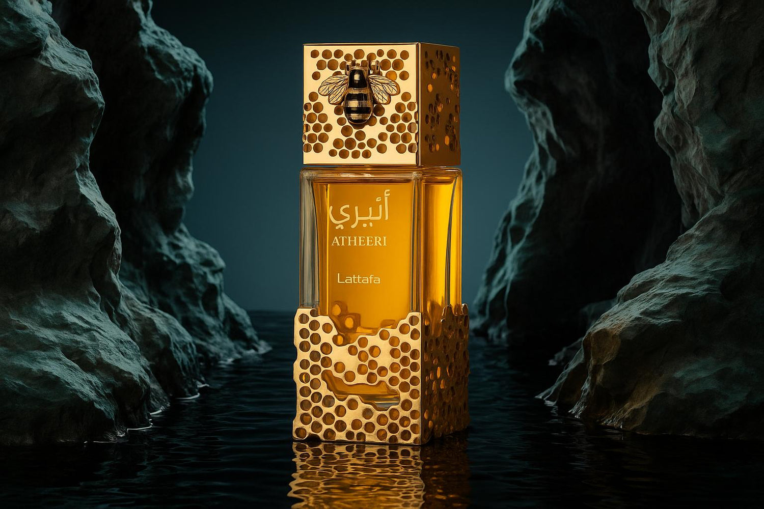 Atheeri perfume bottle with honeycomb design in a dark, rocky setting